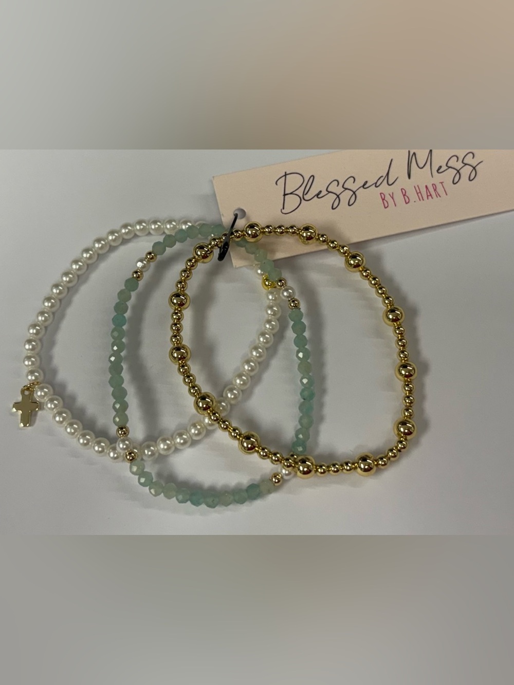 New- Boutique Brand Water Resistant Gold & Mint Beaded Bracelet Stack